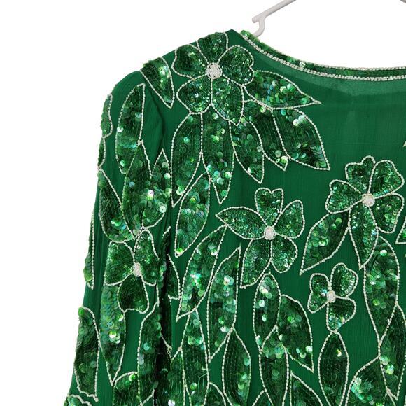 VINTAGE ANUJAN XL SILK ALL OVER BEADED FLORAL LEAF LONG SLEEVE BLOUSE - Picture 2 of 7